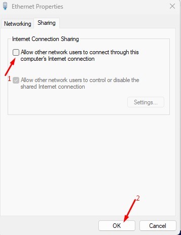 Allow other network users to connect through the computer's internet connection