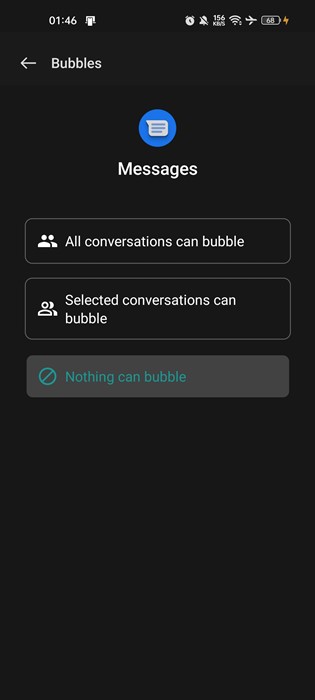 two options on the Bubbles screen