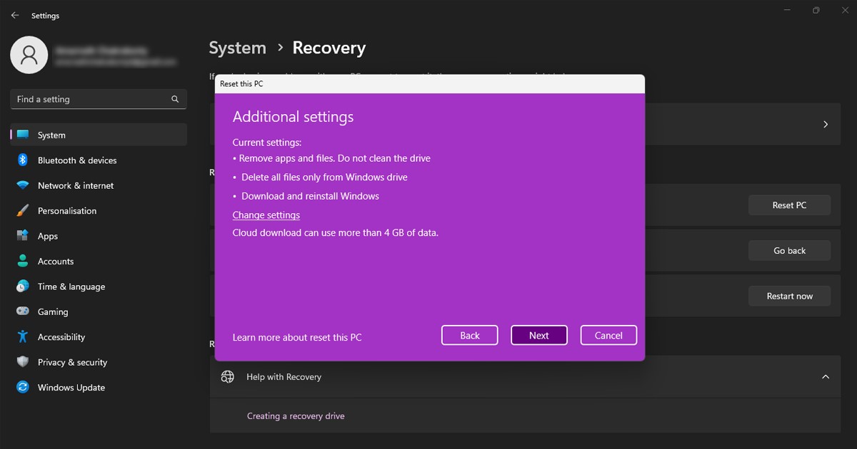 Zresetuj komputer z systemem Windows 11 za pomocą ustawień