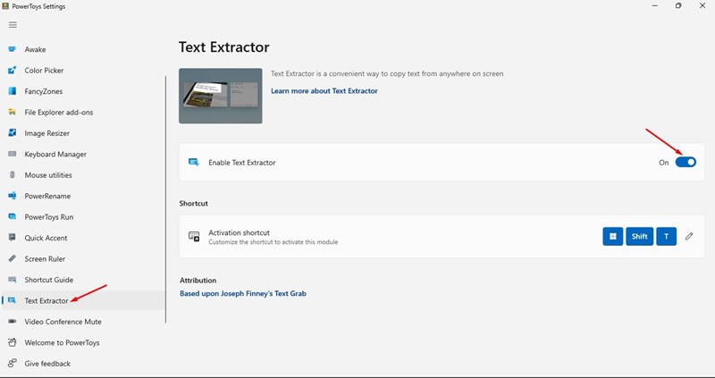Enable text extractor