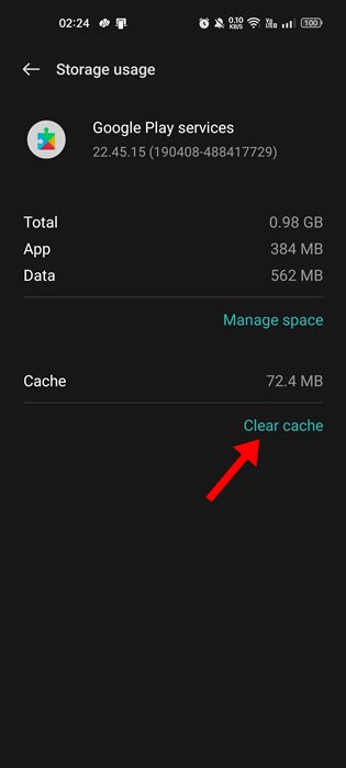 xóa bộ nhớ cache cho Google Play Services