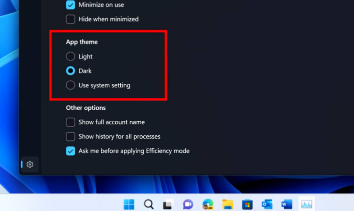 Windows 11 New Správce úloh obsahuje možnosti motivu