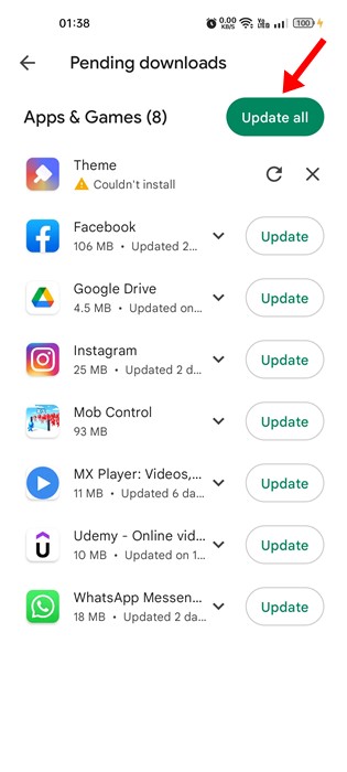 Atualizar todos os aplicativos no Android
