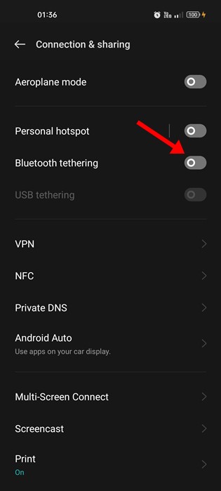 Desative o compartilhamento de Bluetooth