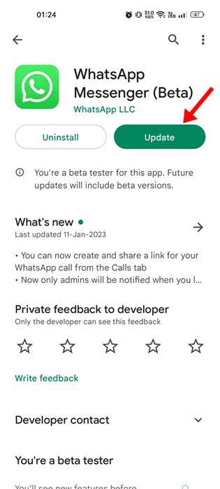 frissítse a WhatsApp alkalmazást