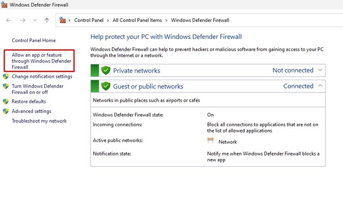 „Povolte aplikaci nebo funkci prostřednictvím brány Windows Defender Firewall