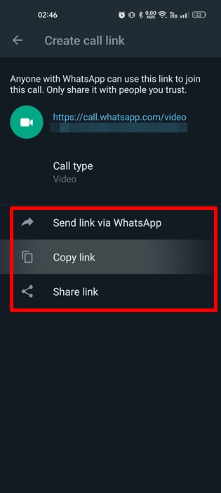 share the WhatsApp Call Link