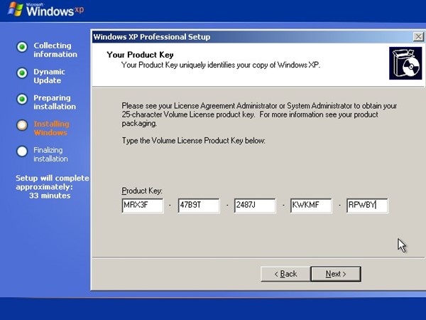Windows XP activation key