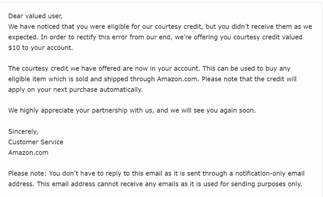 e-mail de crédito de cortesia