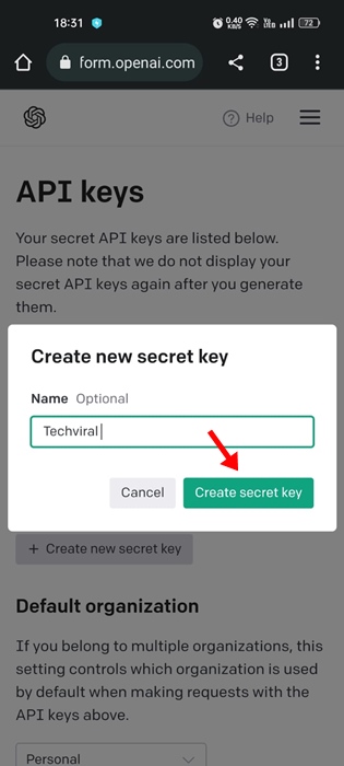 Criar chave secreta