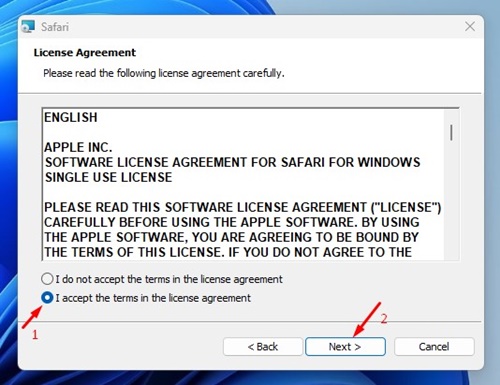 I Accept the terms in the License agreement