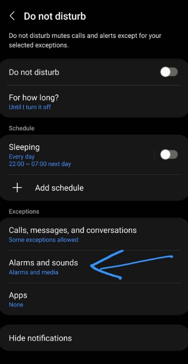 Will my alarm still go off on Do Not Disturb Samsung?