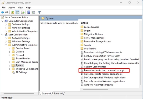 Prevent access to the Command Prompt policy