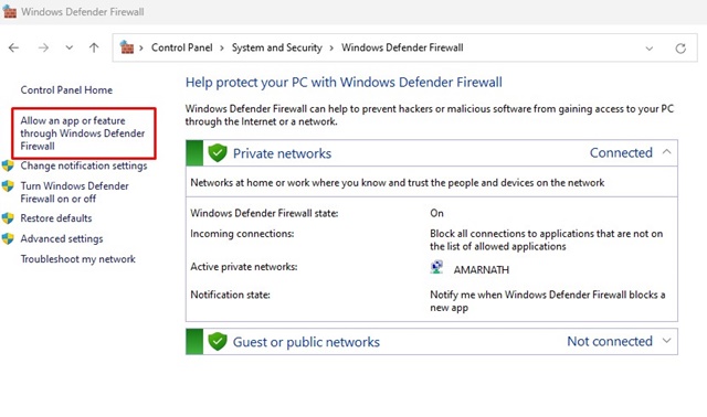 Cho phép một ứng dụng hoặc tính năng thông qua Tường lửa của Bộ bảo vệ Windows