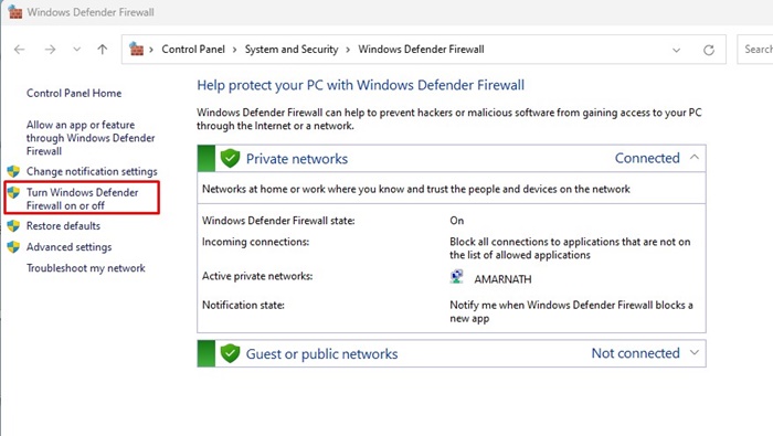 Attiva o disattiva Windows Defender Firewall