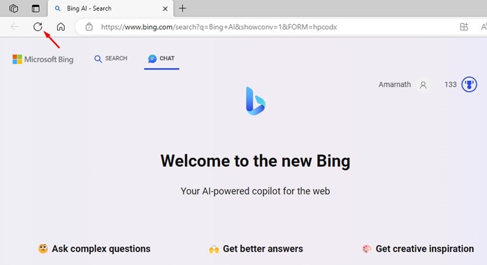 Tải lại trang Trò chuyện Bing