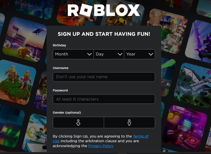 Pagina di registrazione dell'account Roblox