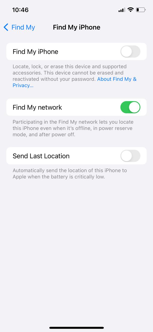 turn off the toggle for Find My iPhone