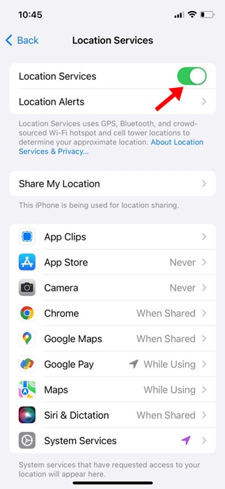 toggle off the Location Services