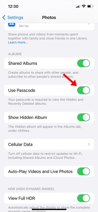 enable the toggle for Use Passcode