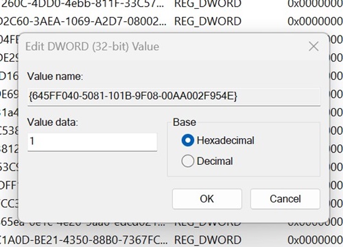 Novo> Valor DWORD (32 bits)” width=”800″ height=”560″ srcset=”https://techviral.net/wp-content/uploads/2024/01/Remove-the-Recycle-Bin-icon-using-the-Registry-5.jpg 800w, https://techviral.net/wp-content/uploads/2024/01/Remove-the-Recycle-Bin-icon-using-the-Registry-5-300×210.jpg 300w, https://techviral.net/wp-content/uploads/2024/01/Remove-the-Recycle-Bin-icon-using-the-Registry-5-768×538.jpg 768w” data-lazy-sizes=”(max-width: 800px) 100vw, 800px” src=”https://techviral.net/wp-content/uploads/2024/01/Remove-the-Recycle-Bin-icon-using-the-Registry-5.jpg”></p>
<p>7. Nomeie o novo arquivo DWORD como:</p>
<p>{645FF040-5081-101B-9F08-00AA002F954E}</p>
<p>8. Agora, clique duas vezes no arquivo DWORD que você acabou de criar.  No campo Dados do valor, digite 1 e clique em OK.</p>
<p><img loading=