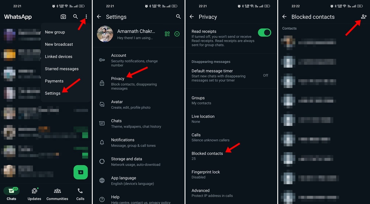 Block Contacts from WhatsApp Settings