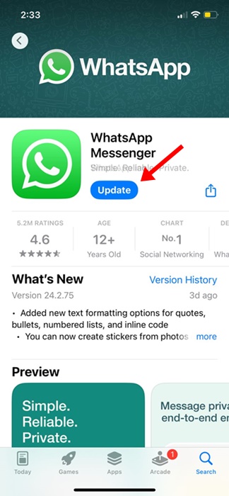 atualize o aplicativo WhatsApp