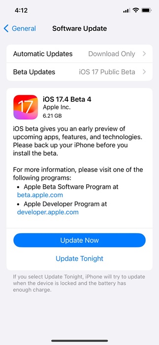 Bản thử nghiệm công khai iOS 17.4