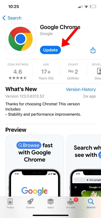 Perbarui Browser Chrome di iPhone
