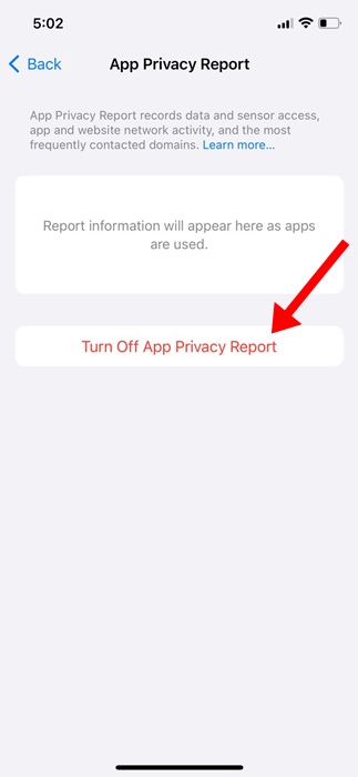 Disattiva il Rapporto sulla privacy dell'app
