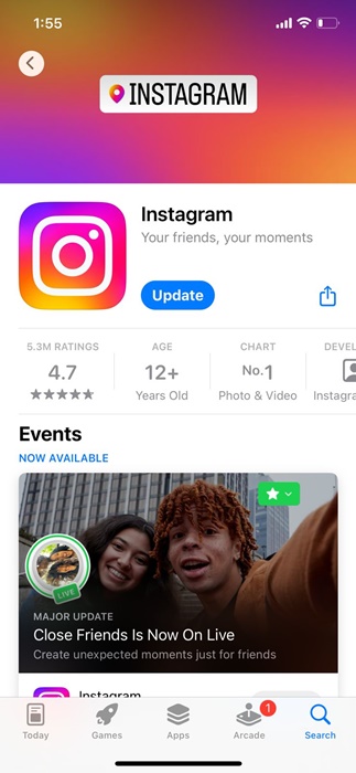 perbarui aplikasi Instagram