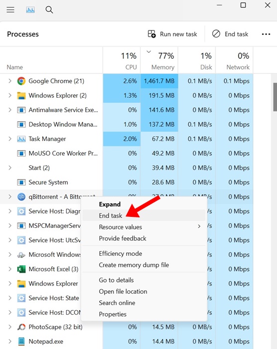 작업 관리자에서 qBittorrent 작업 종료