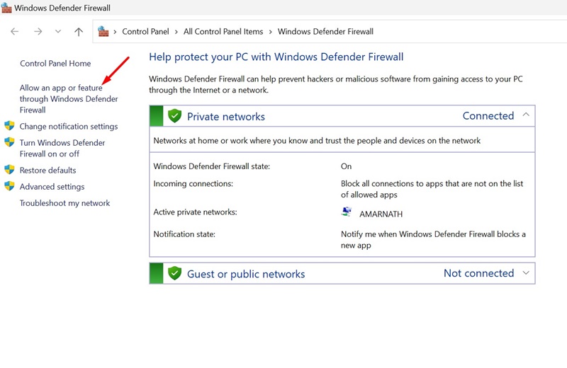 Izinkan aplikasi atau fitur melalui Windows Defender Firewall