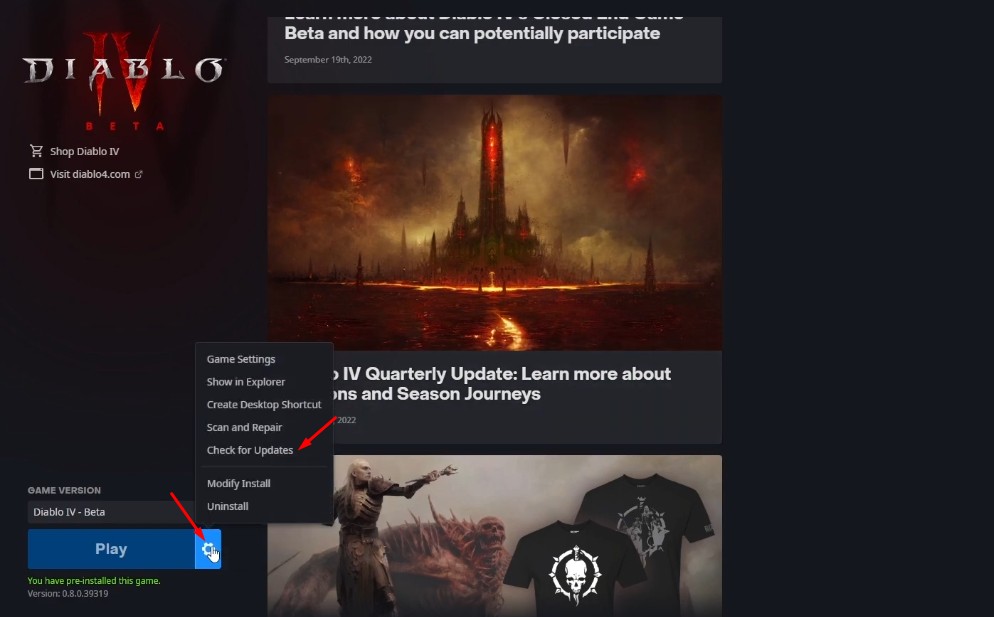 Check for the Diablo 4 Update