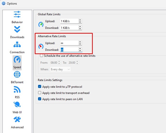 Alternatieve upload- en downloadsnelheidslimieten