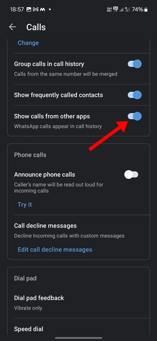 Show calls from other apps