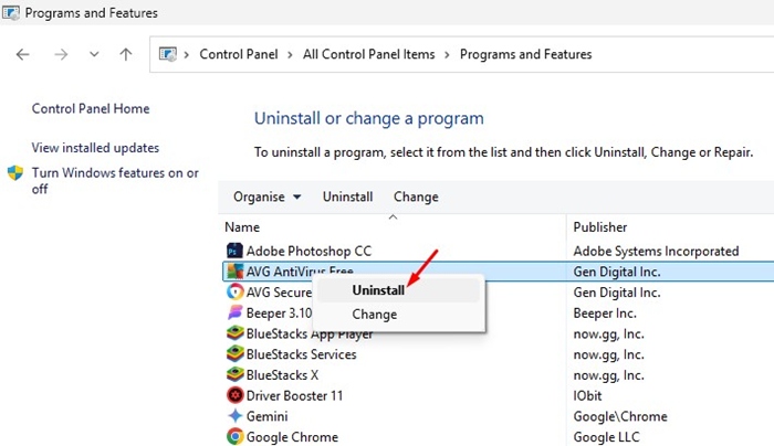 Uninstall the AVG Antivirus