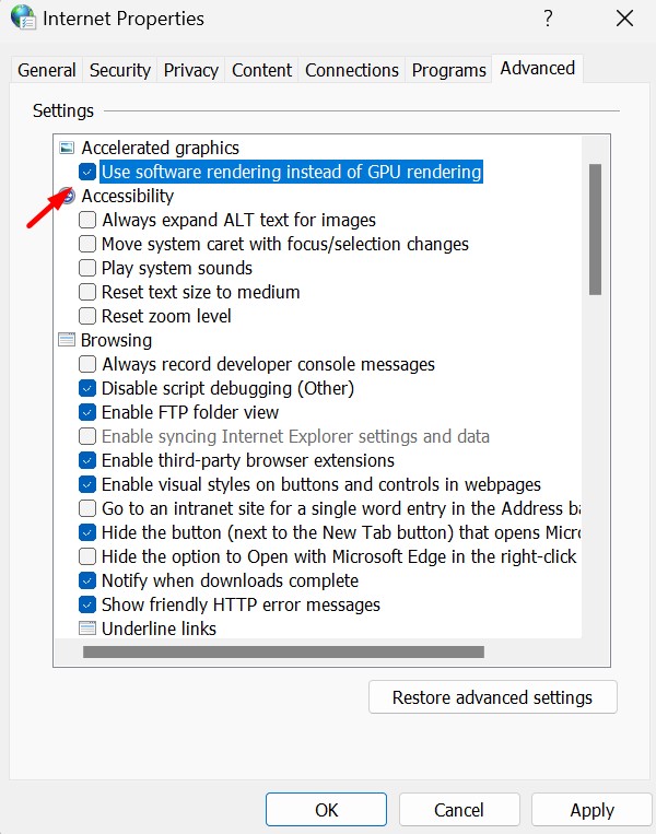 Gebruik software -rendering in plaats van GPU -rendering