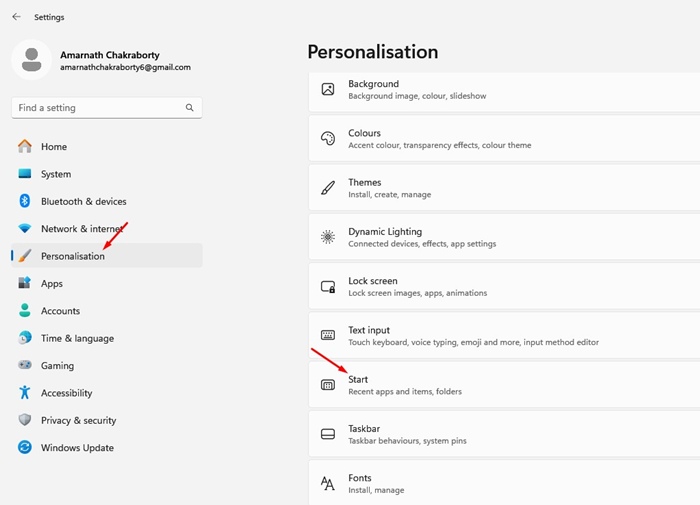 Settings > Personalisation > Start