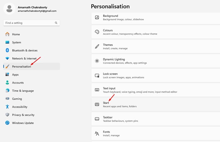 Personalization > Start