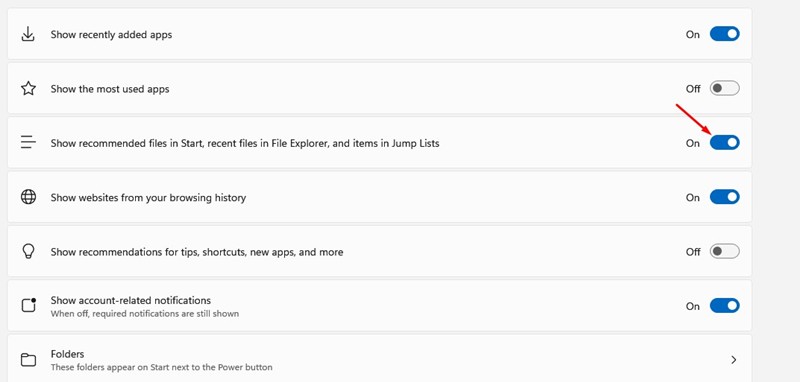 Show recently opened items in Start, Jump Lists, and File Explorer
