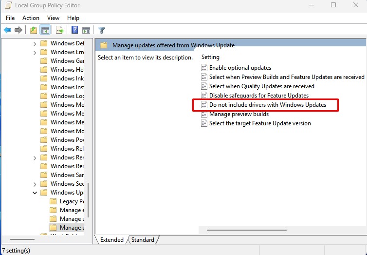 'Do not include drivers with Windows Updates'
